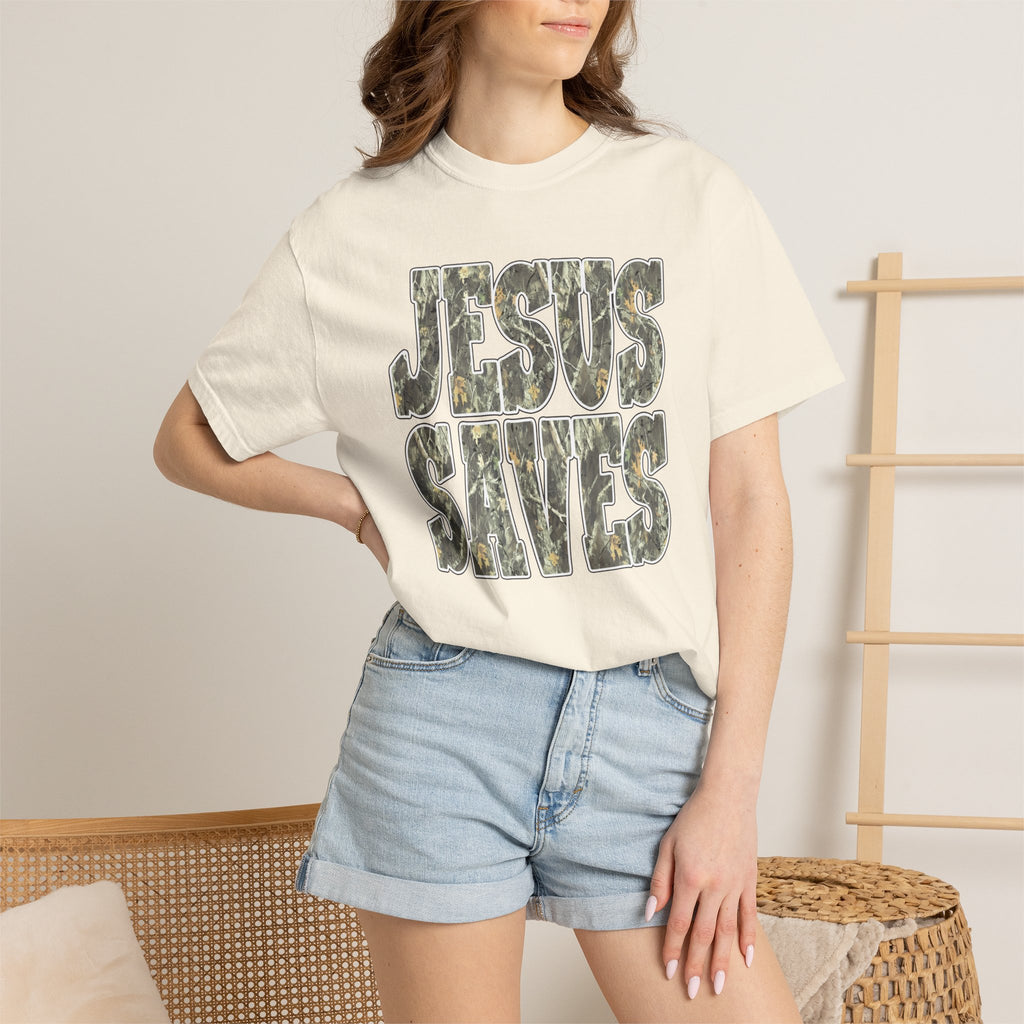 Jesus Saves T-Shirt — Camouflage Faith Graphic Tee
