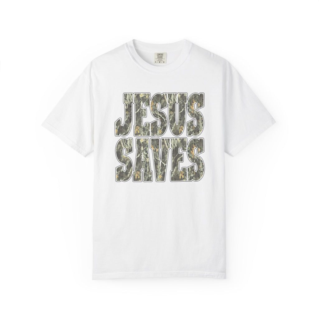 Jesus Saves T-Shirt — Camouflage Faith Graphic Tee
