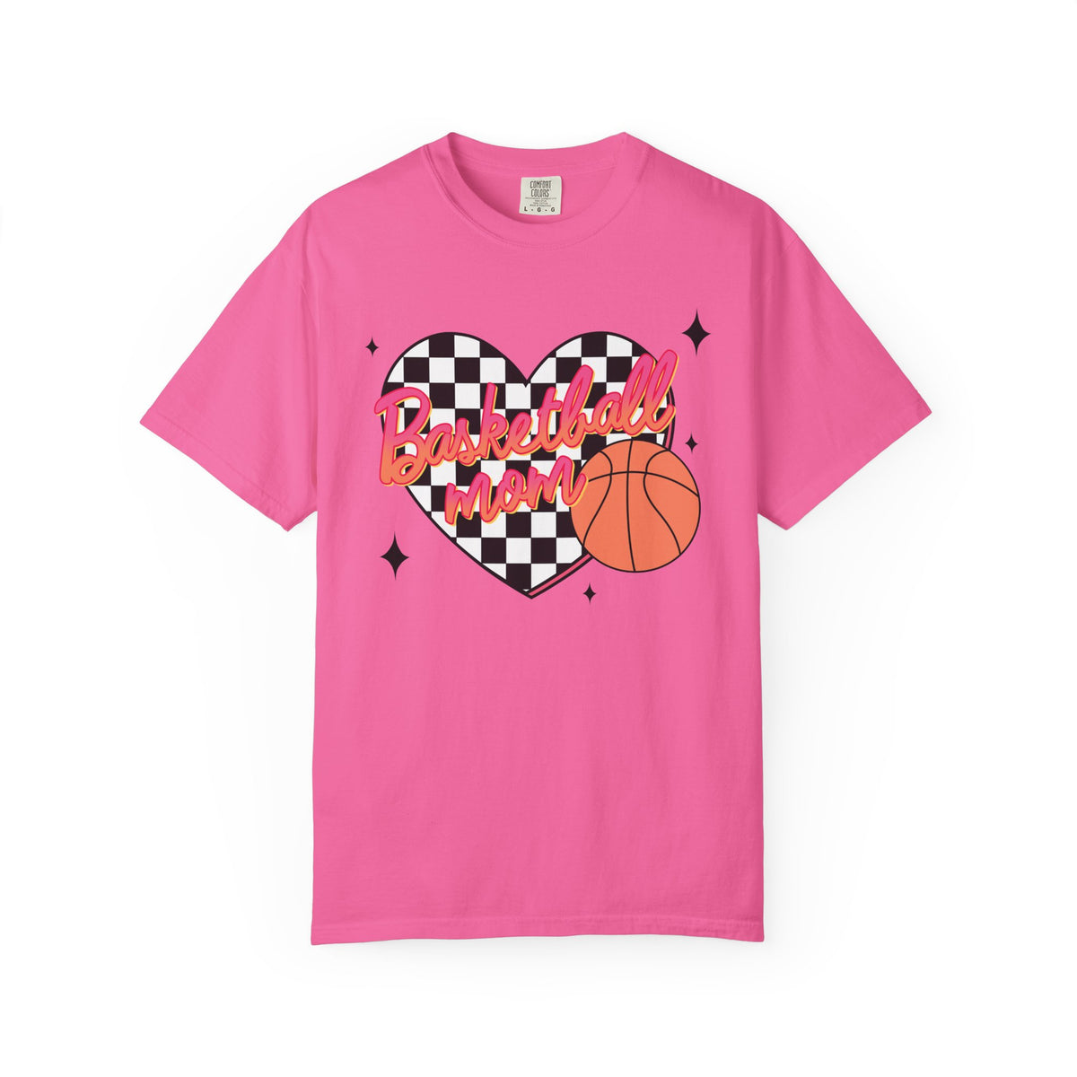 Basketball Mom Heart T-Shirt- Checkerboard Pink Basketball Graphic