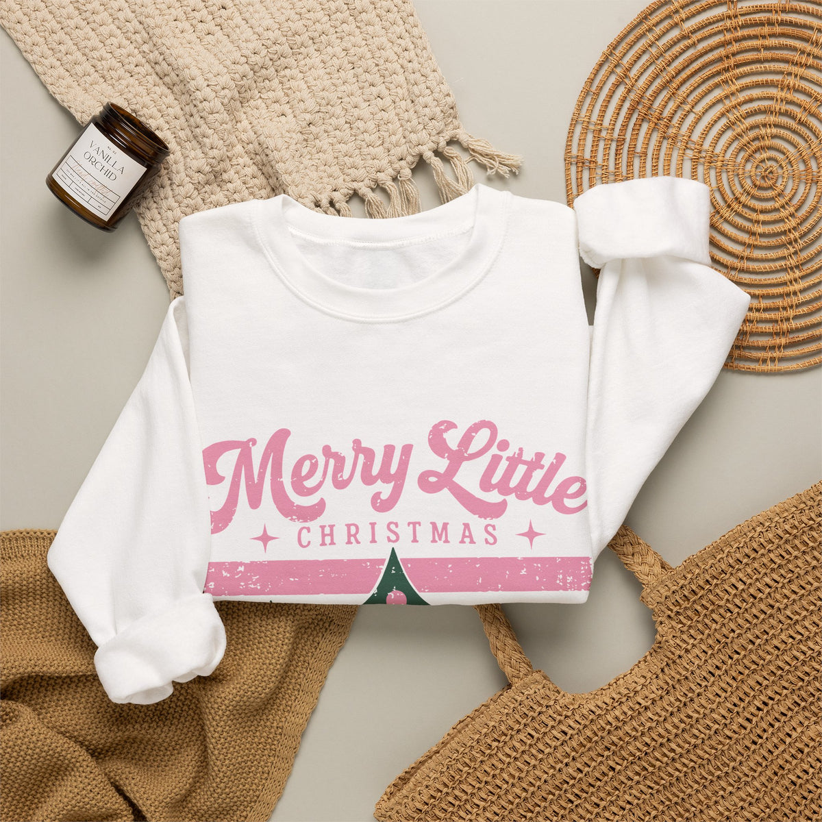 Merry Little Christmas Sweatshirt — Retro Pink & Green Tree Crewneck
