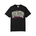 Worship Anyway T-Shirt — Camo Block Letter Faith Tee with Pink Script