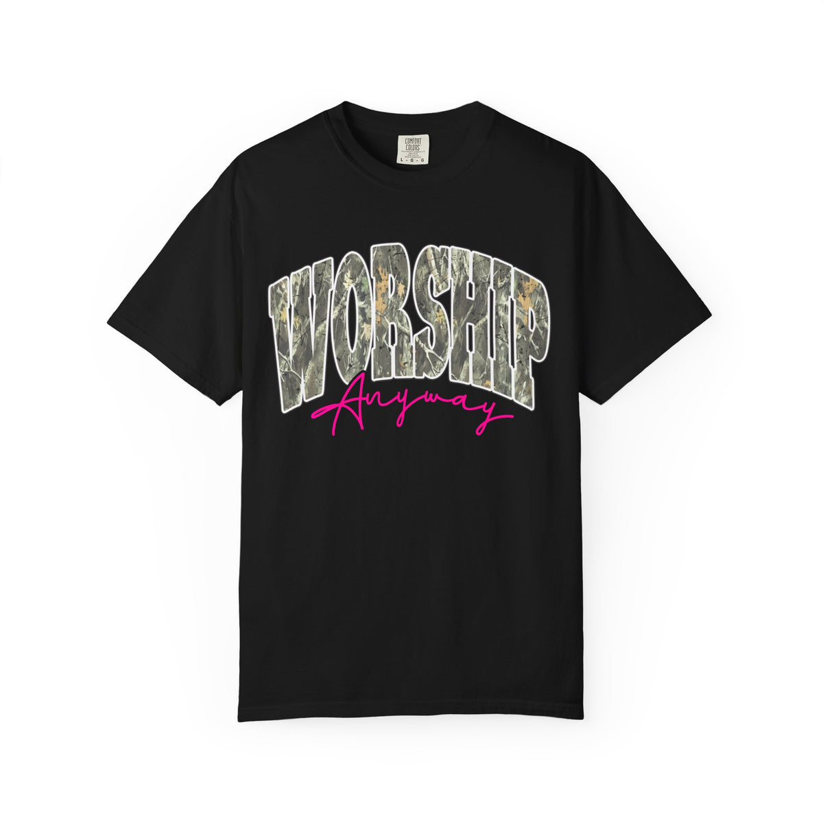 Worship Anyway T-Shirt — Camo Block Letter Faith Tee with Pink Script