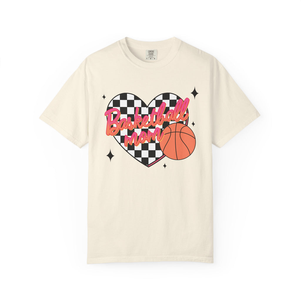 Basketball Mom Heart T-Shirt- Checkerboard Pink Basketball Graphic
