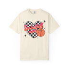 Basketball Mom Heart T-Shirt- Checkerboard Pink Basketball Graphic