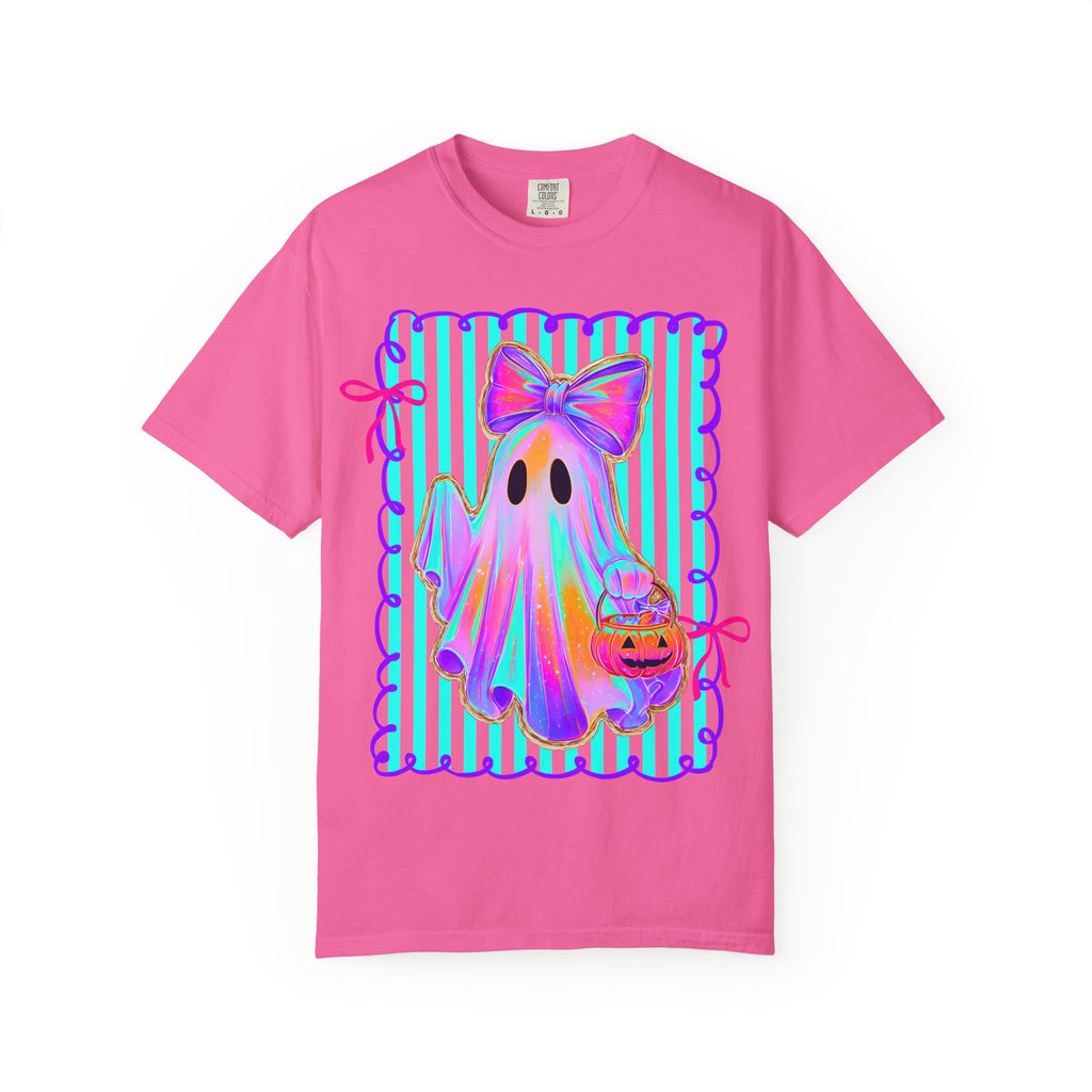 Ghost Girl Halloween T-Shirt — Pastel Ghost with Bow & Pumpkin Candy Bucket