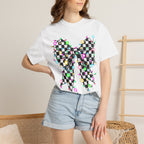 Checkerboard Bow Christmas T-Shirt with Colorful String Lights