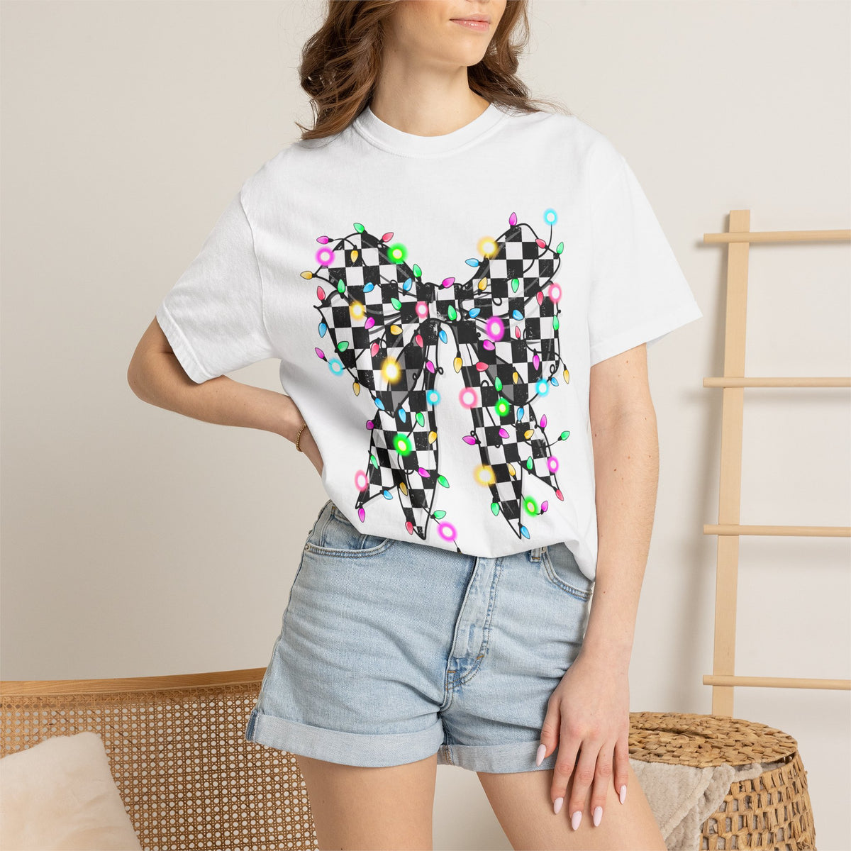 Checkerboard Bow Christmas T-Shirt with Colorful String Lights