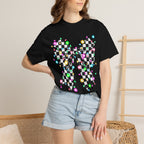 Checkerboard Bow Christmas T-Shirt with Colorful String Lights