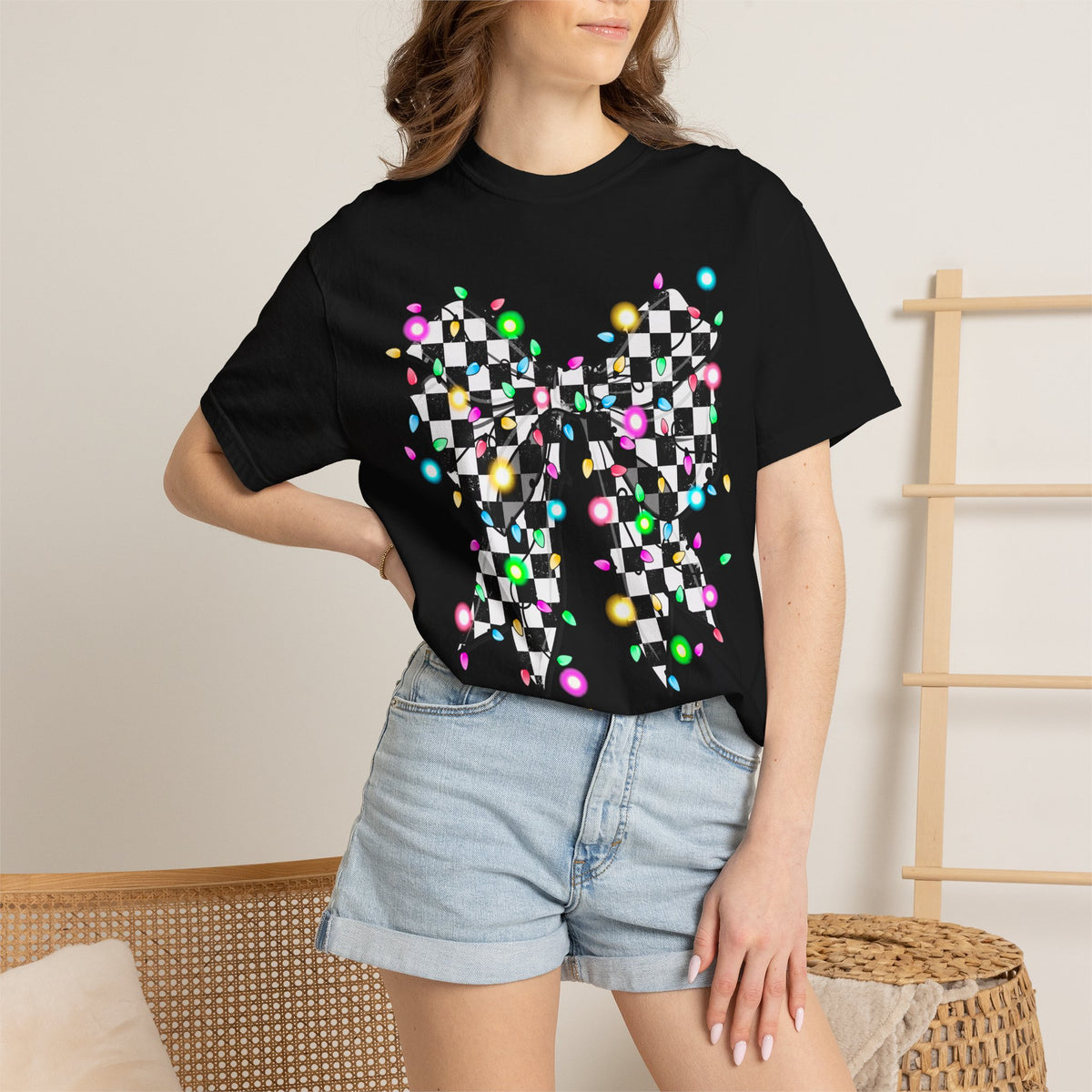 Checkerboard Bow Christmas T-Shirt with Colorful String Lights