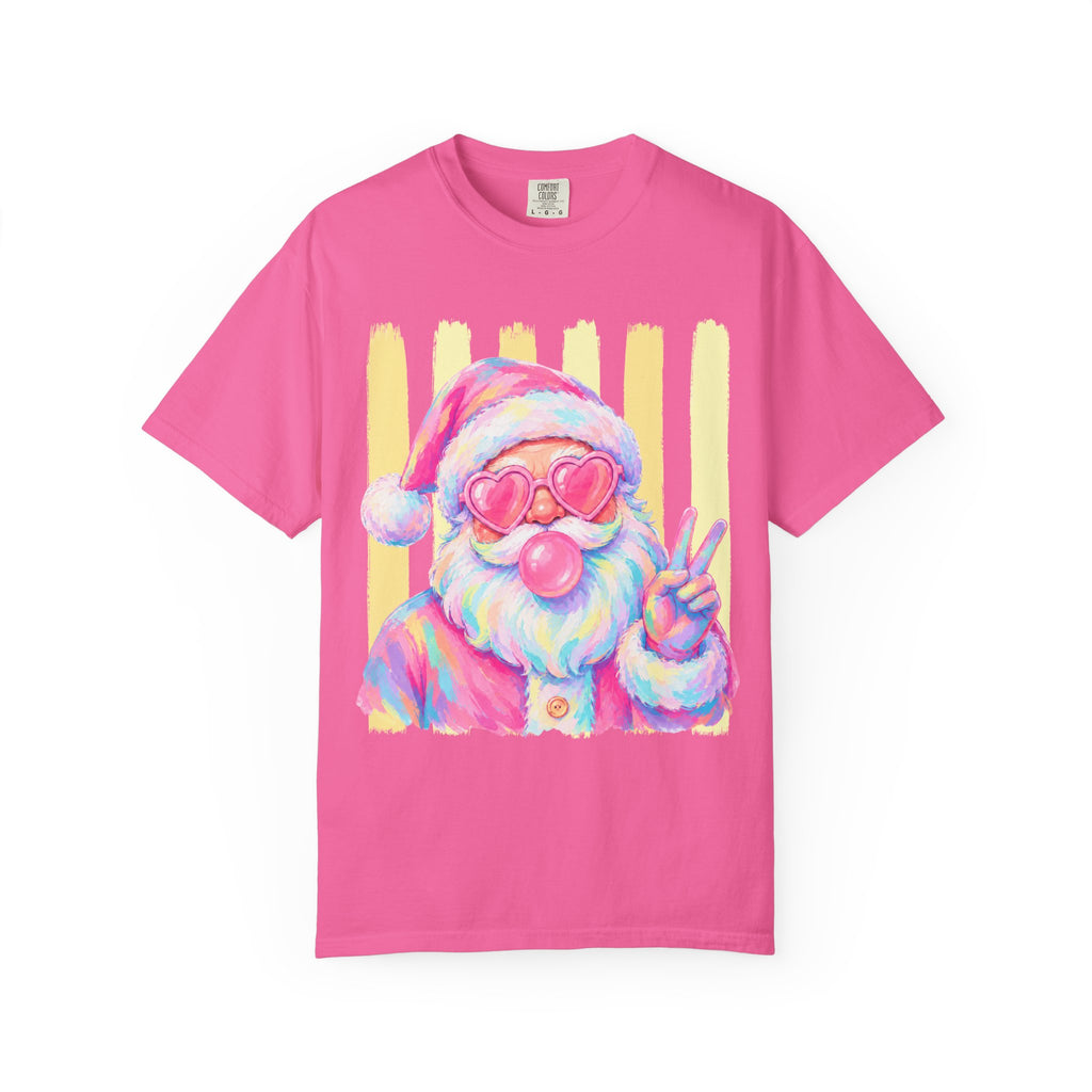 Santa Peace Tee — Retro Pastel Santa with Heart Sunglasses & Bubblegum