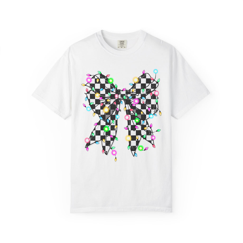 Checkerboard Bow Christmas T-Shirt with Colorful String Lights