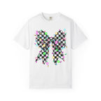Checkerboard Bow Christmas T-Shirt with Colorful String Lights