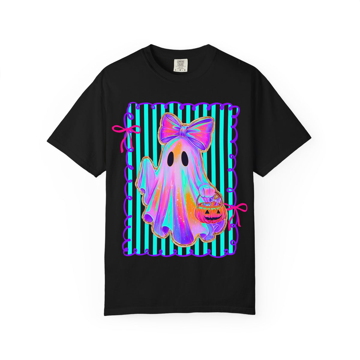 Ghost Girl Halloween T-Shirt — Pastel Ghost with Bow & Pumpkin Candy Bucket