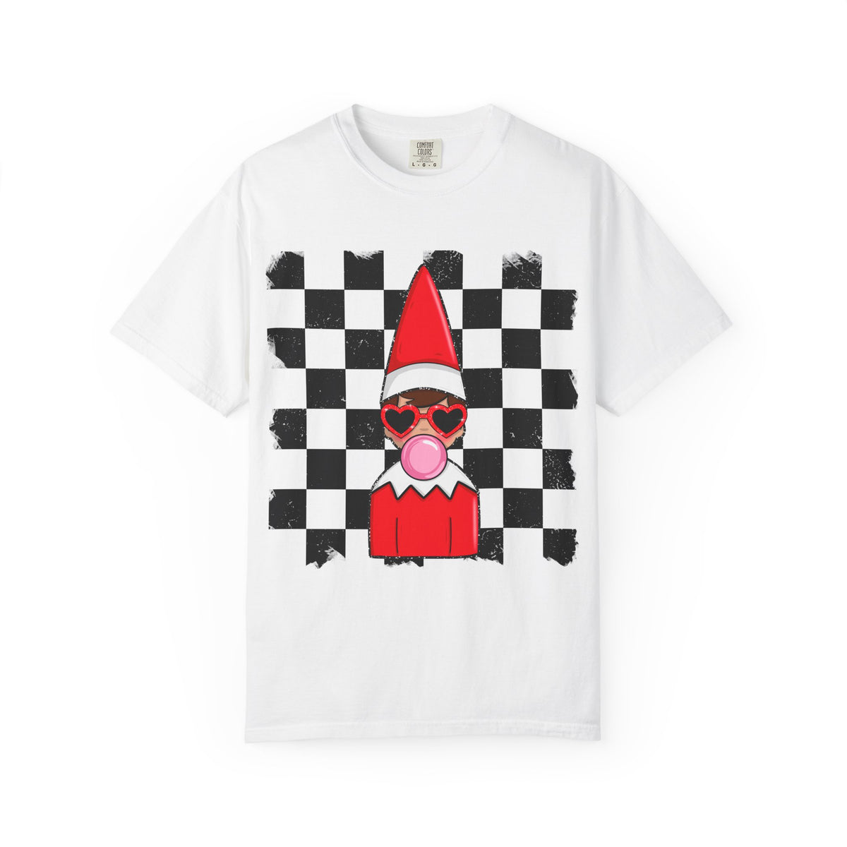 Checkerboard Elf T‑Shirt — Cute Bubblegum Elf Graphic Tee
