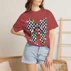 Checkerboard Bow Christmas T-Shirt with Colorful String Lights