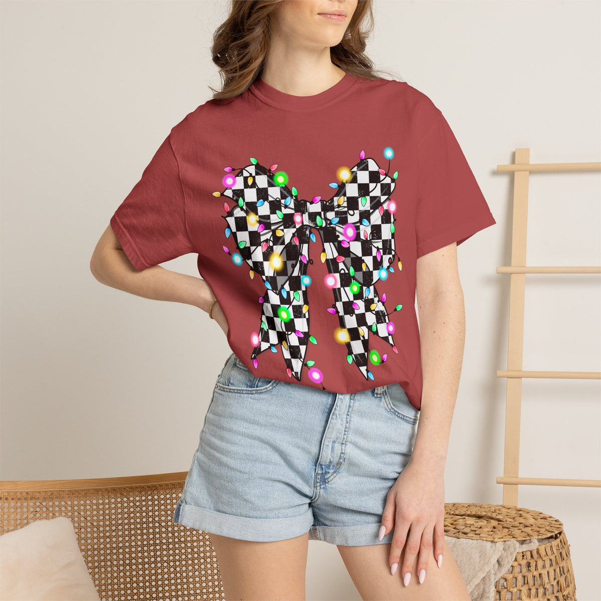 Checkerboard Bow Christmas T-Shirt with Colorful String Lights