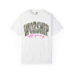Worship Anyway T-Shirt — Camo Block Letter Faith Tee with Pink Script