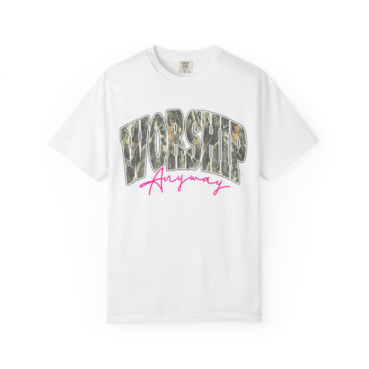 Worship Anyway T-Shirt — Camo Block Letter Faith Tee with Pink Script