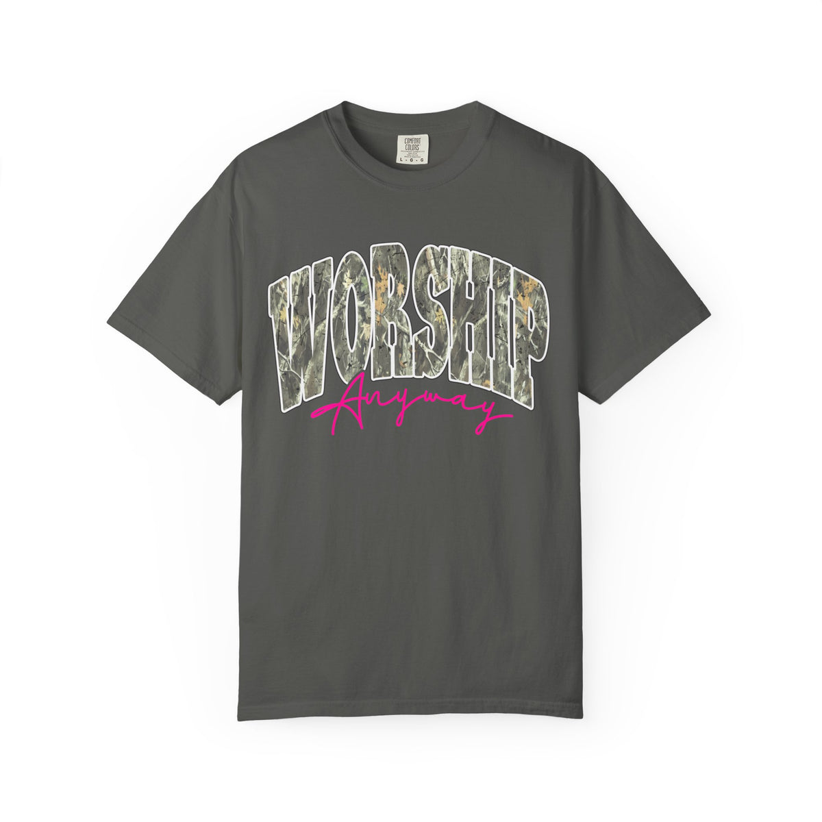 Worship Anyway T-Shirt — Camo Block Letter Faith Tee with Pink Script