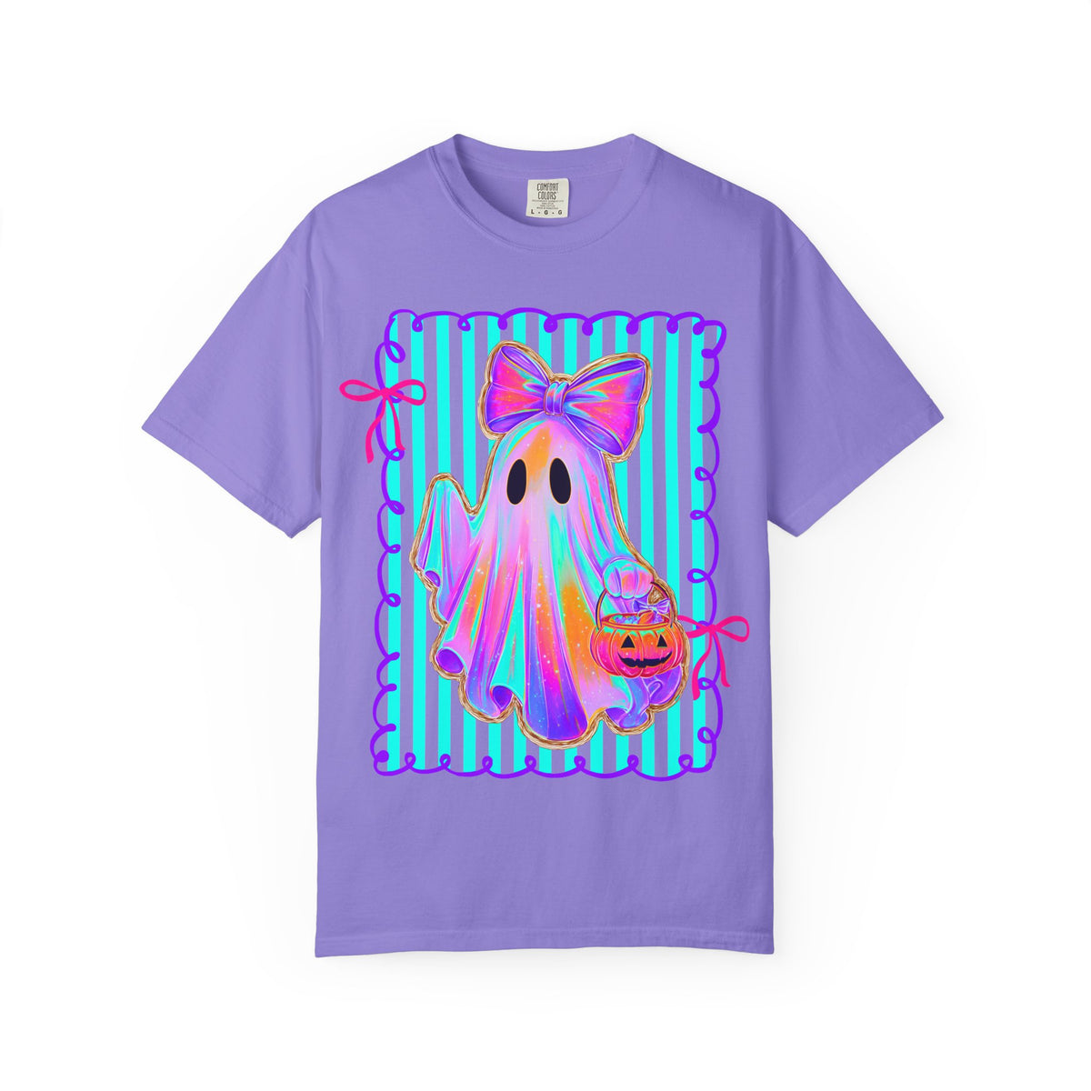 Ghost Girl Halloween T-Shirt — Pastel Ghost with Bow & Pumpkin Candy Bucket