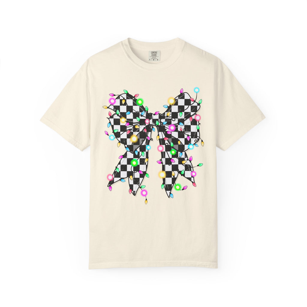 Checkerboard Bow Christmas T-Shirt with Colorful String Lights