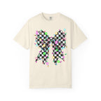 Checkerboard Bow Christmas T-Shirt with Colorful String Lights