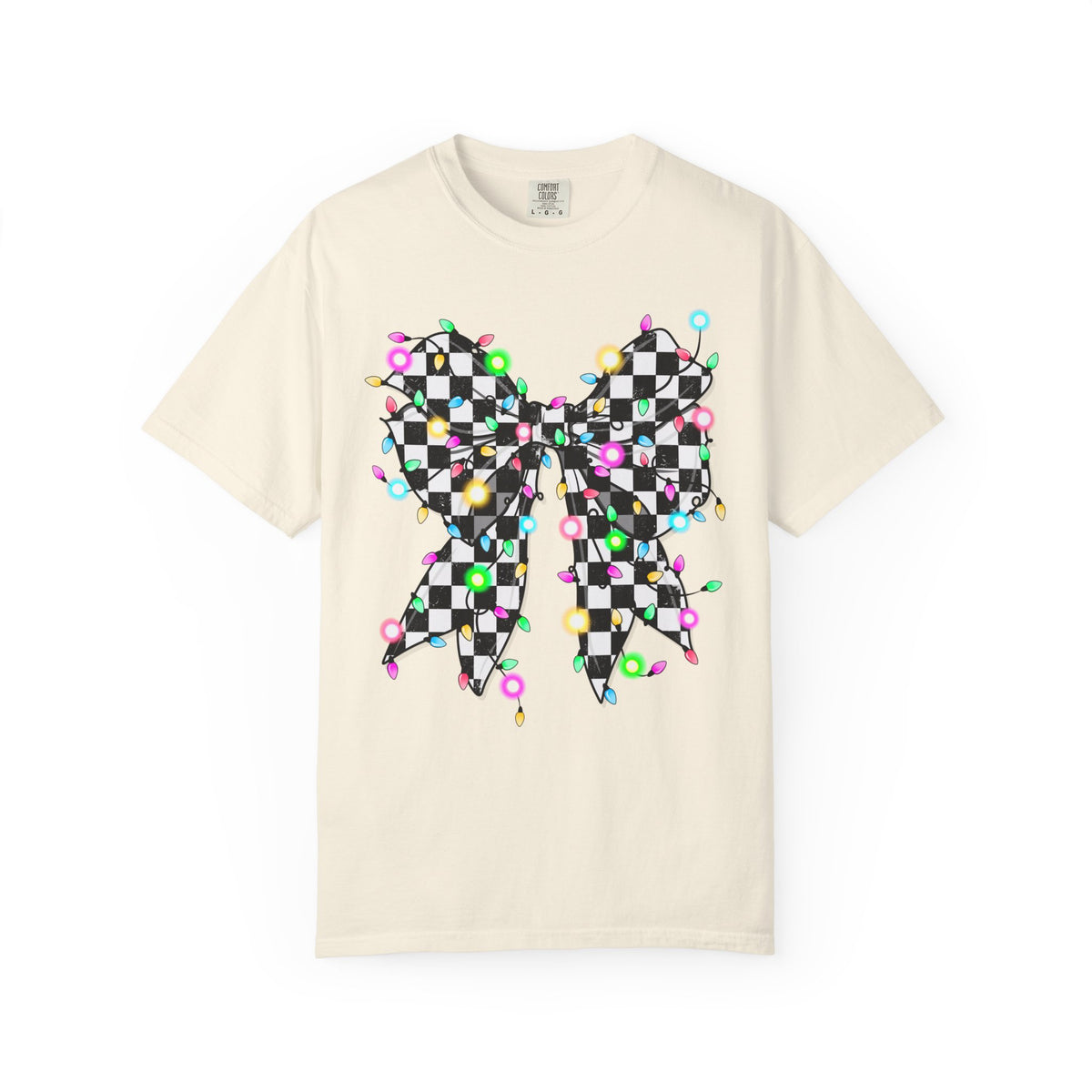 Checkerboard Bow Christmas T-Shirt with Colorful String Lights
