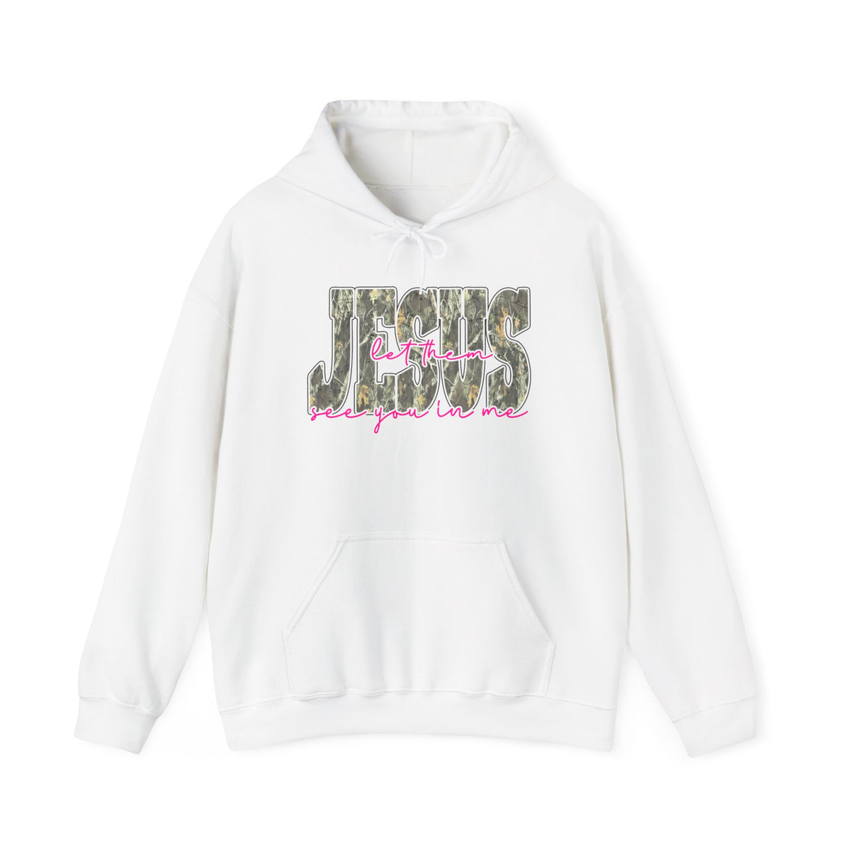 Hoodie — JESUS camouflage letters with pink script (Faith Graphic Hooded Sweatshirt)