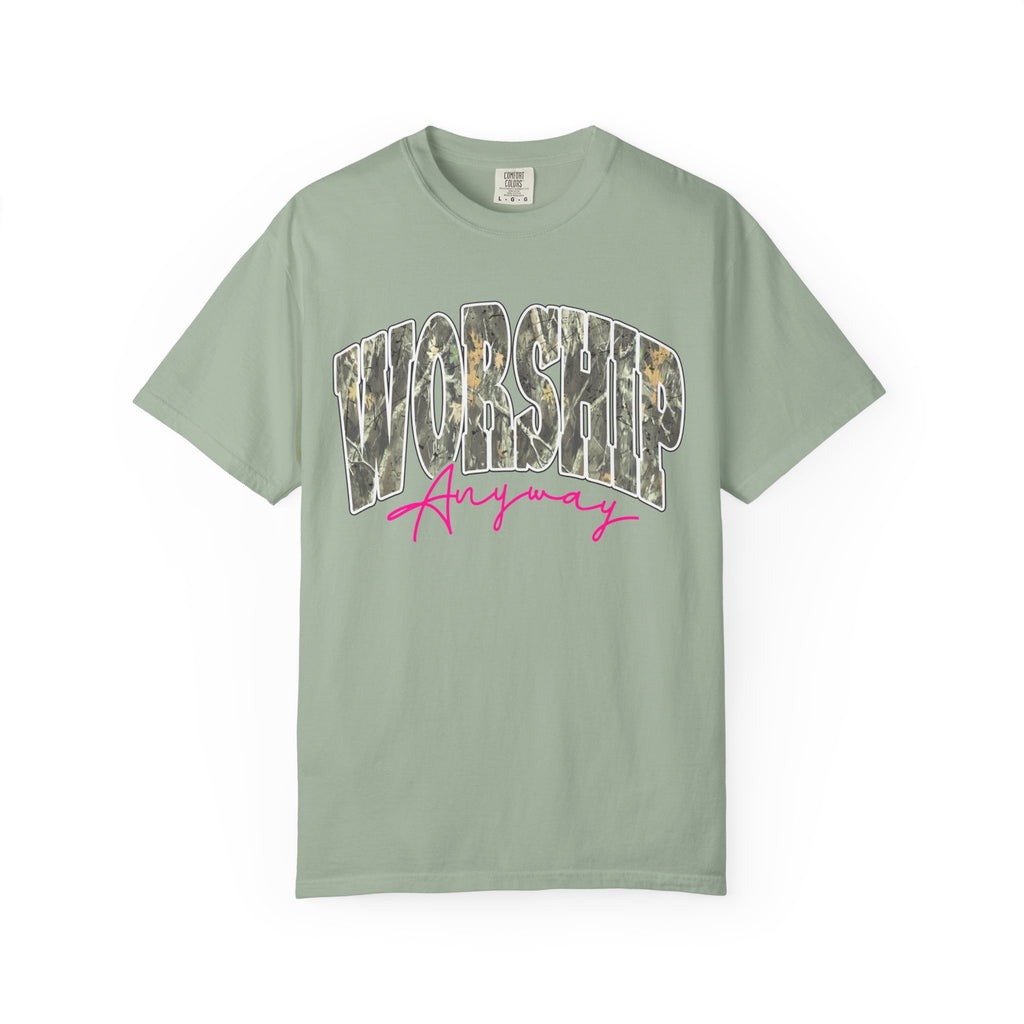 Worship Anyway T-Shirt — Camo Block Letter Faith Tee with Pink Script