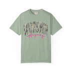 Worship Anyway T-Shirt — Camo Block Letter Faith Tee with Pink Script
