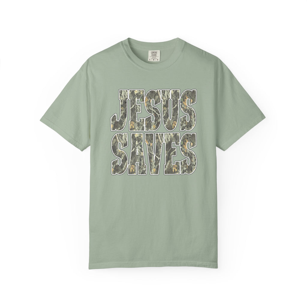 Jesus Saves T-Shirt — Camouflage Faith Graphic Tee