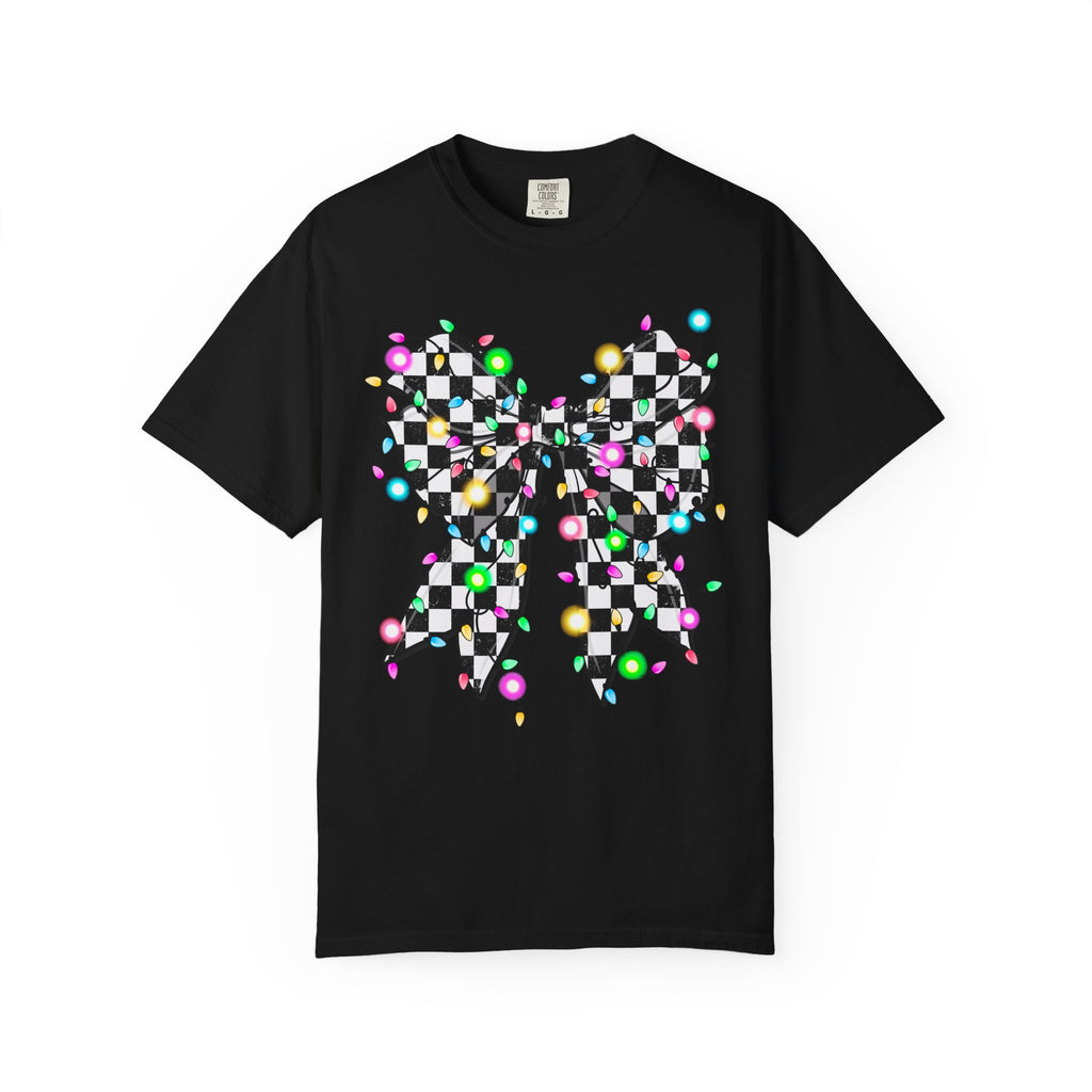 Checkerboard Bow Christmas T-Shirt with Colorful String Lights