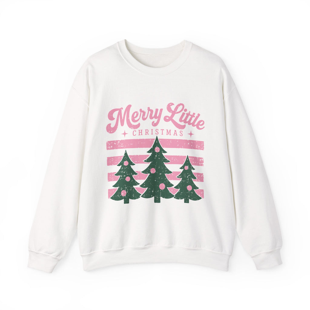 Merry Little Christmas Sweatshirt — Retro Pink & Green Tree Crewneck