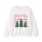 Merry Little Christmas Sweatshirt — Retro Pink & Green Tree Crewneck