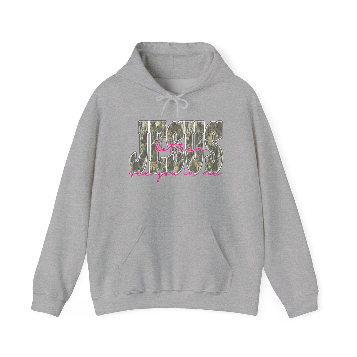 Hoodie — JESUS camouflage letters with pink script (Faith Graphic Hooded Sweatshirt)