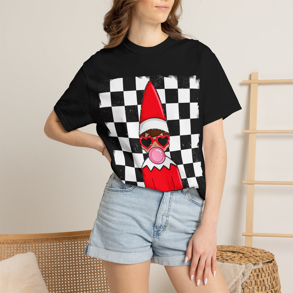 Checkerboard Elf T‑Shirt — Cute Bubblegum Elf Graphic Tee