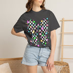 Checkerboard Bow Christmas T-Shirt with Colorful String Lights