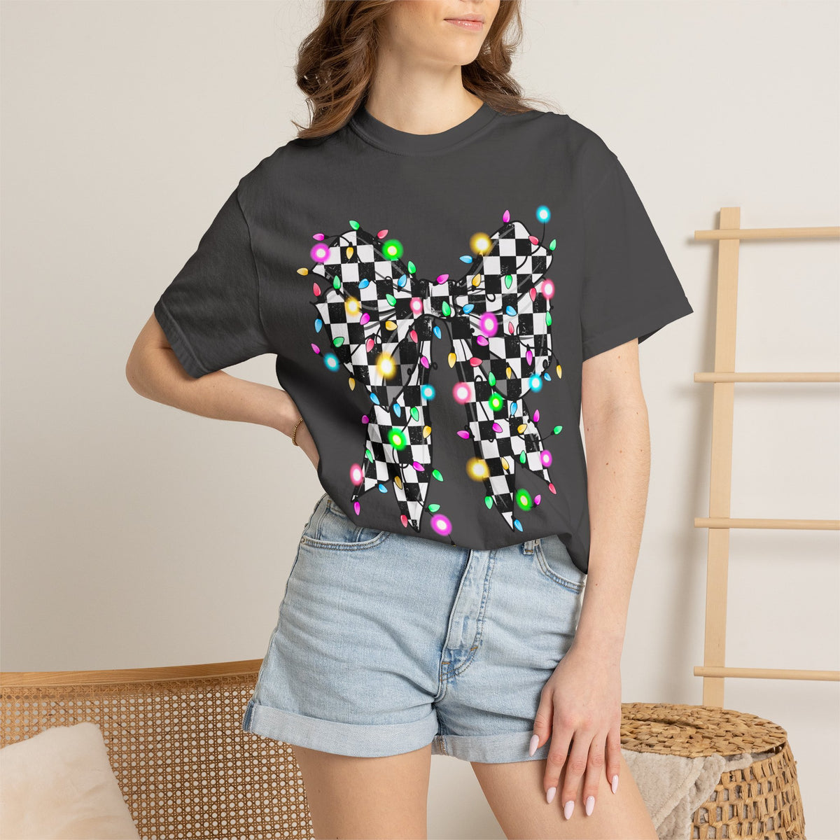 Checkerboard Bow Christmas T-Shirt with Colorful String Lights