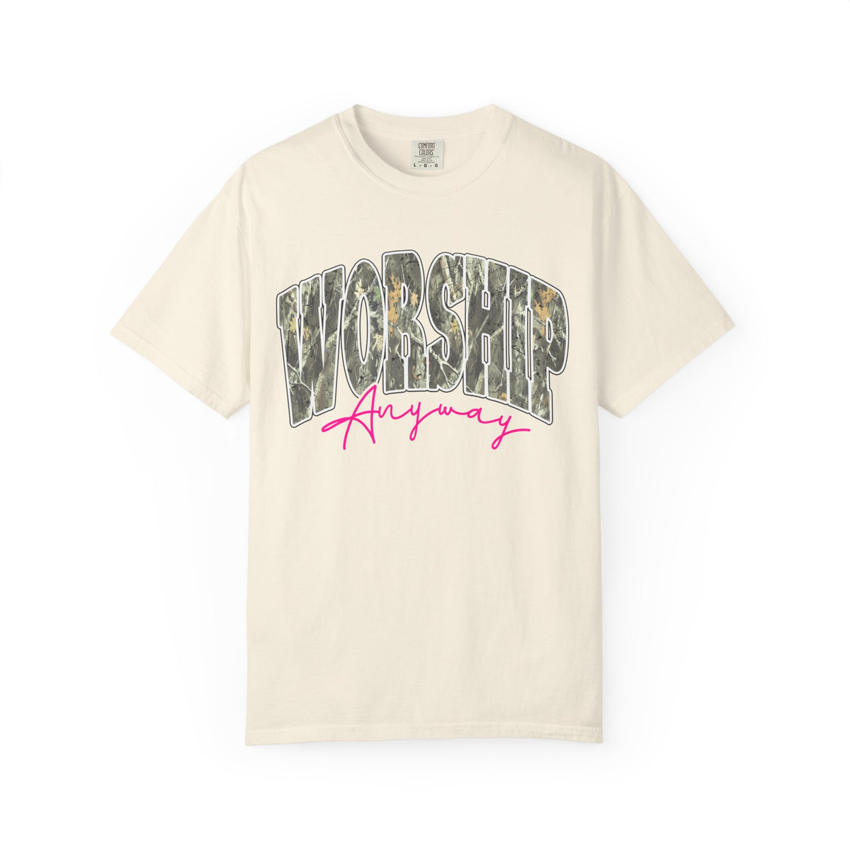 Worship Anyway T-Shirt — Camo Block Letter Faith Tee with Pink Script
