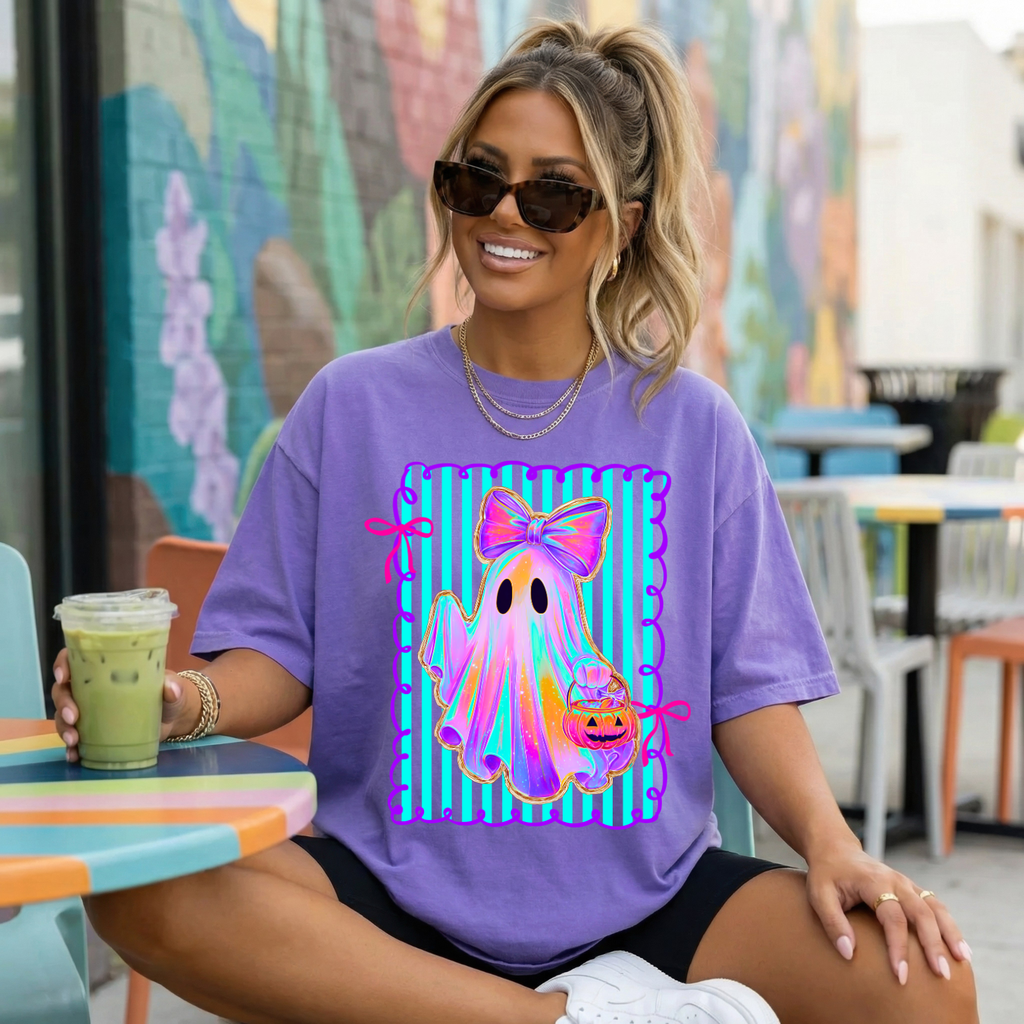 Ghost Girl Halloween T-Shirt — Pastel Ghost with Bow & Pumpkin Candy Bucket