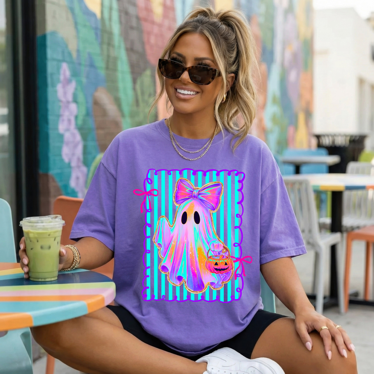 Ghost Girl Halloween T-Shirt — Pastel Ghost with Bow & Pumpkin Candy Bucket