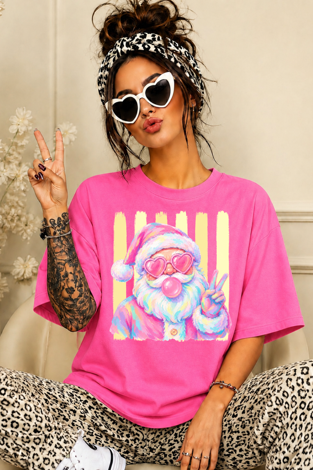 Santa Peace Tee — Retro Pastel Santa with Heart Sunglasses & Bubblegum