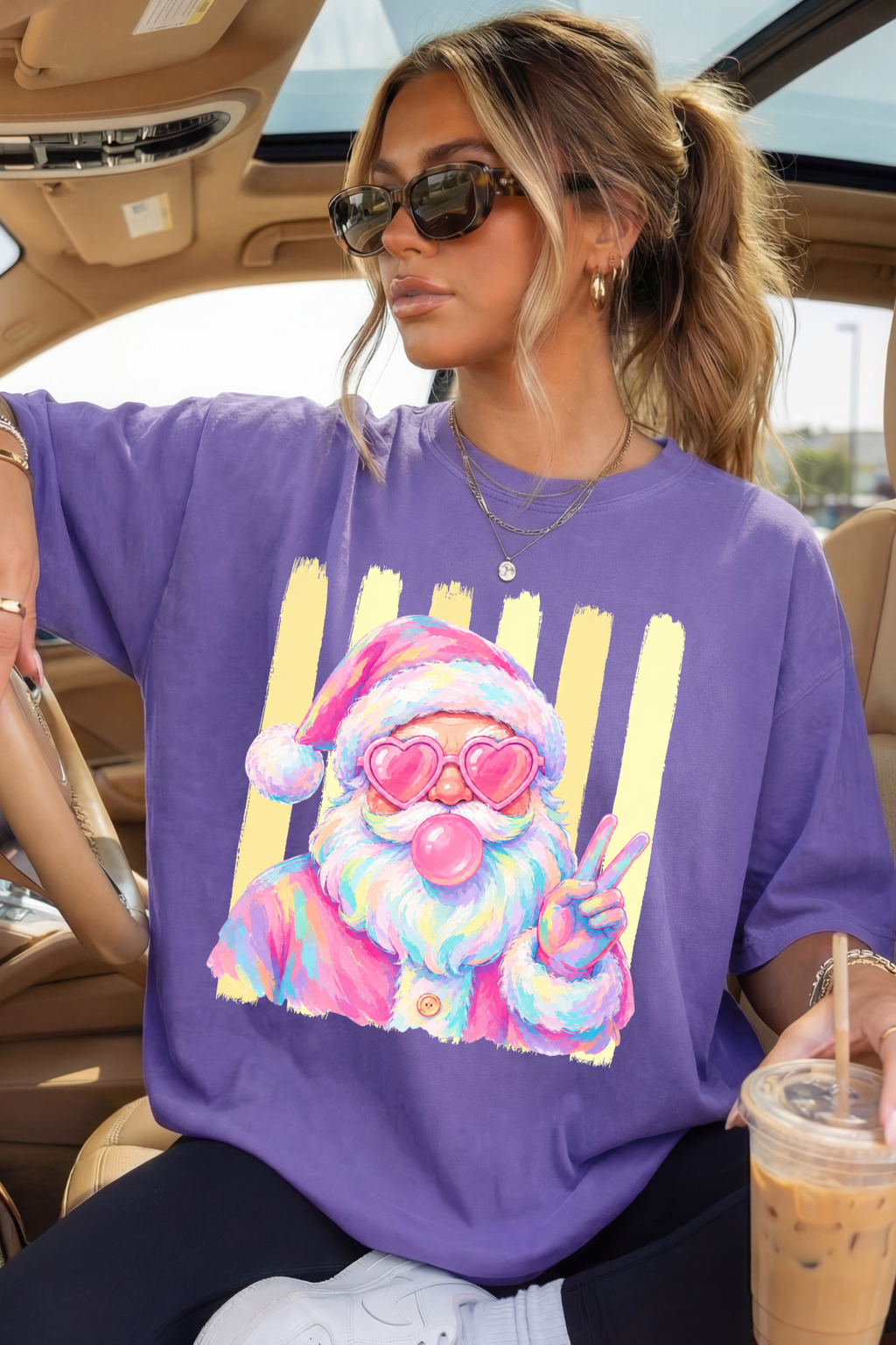 Santa Peace Tee — Retro Pastel Santa with Heart Sunglasses & Bubblegum