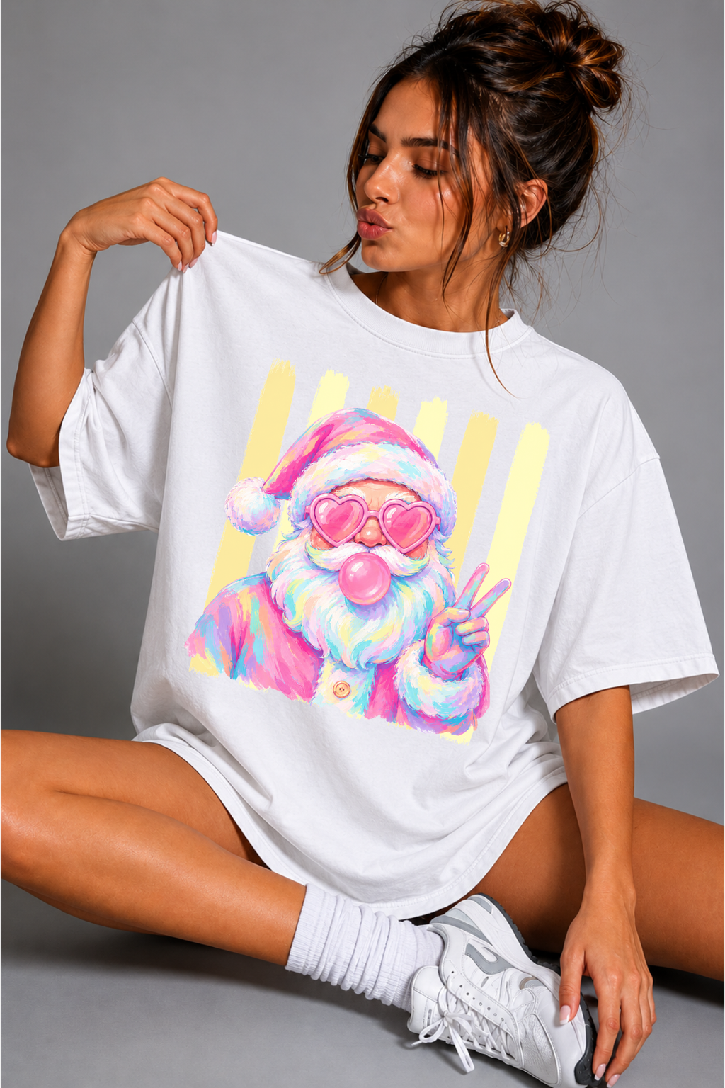 Santa Peace Tee — Retro Pastel Santa with Heart Sunglasses & Bubblegum