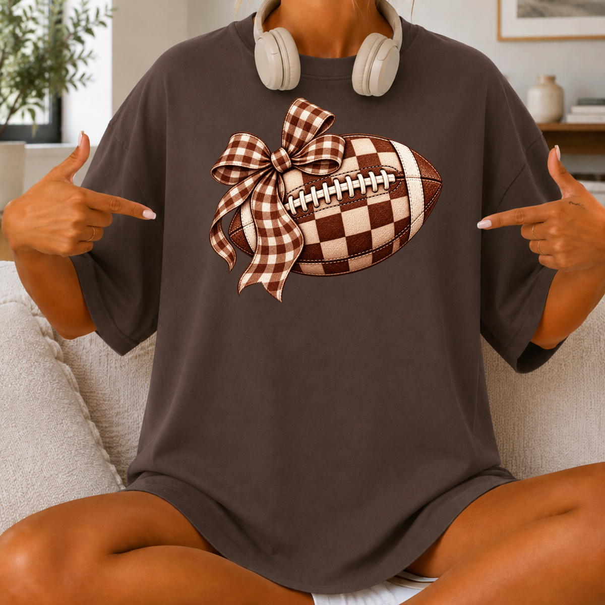 Plaid Bow Football T-Shirt — Womens Game Day & Tailgate Tee