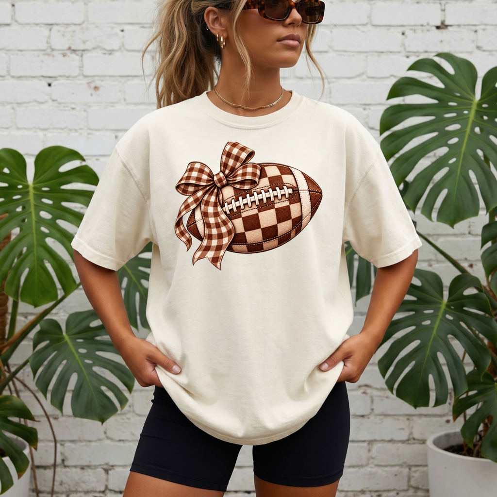 Plaid Bow Football T-Shirt — Womens Game Day & Tailgate Tee