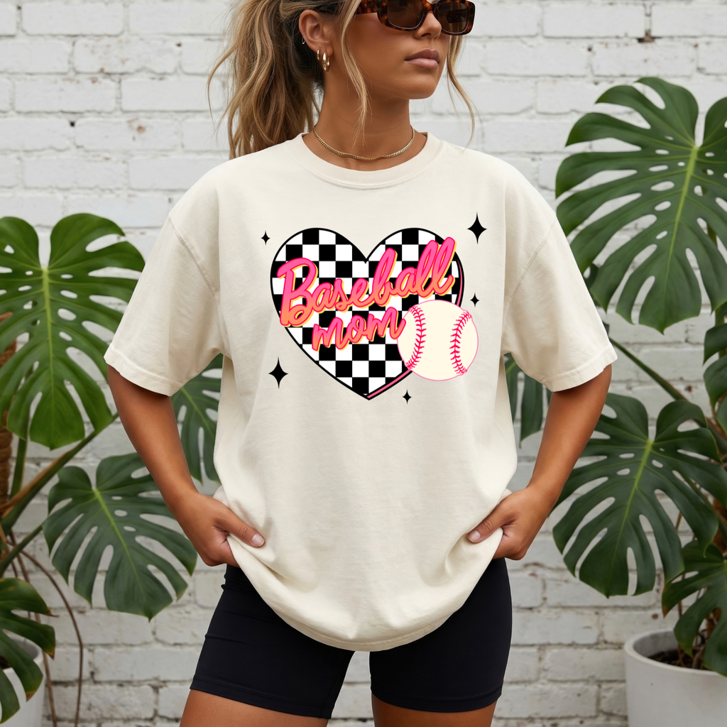 Baseball Mom T-Shirt — Checker Heart Design with Baseball
