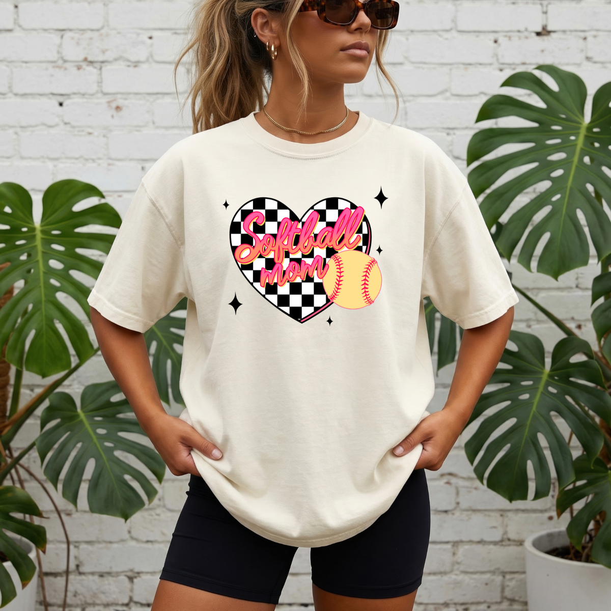 Softball Mom Heart T-Shirt — Checkerboard Design with Softball