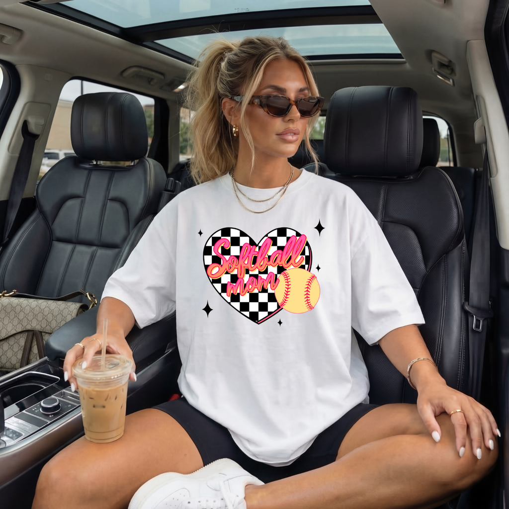 Softball Mom Heart T-Shirt — Checkerboard Design with Softball