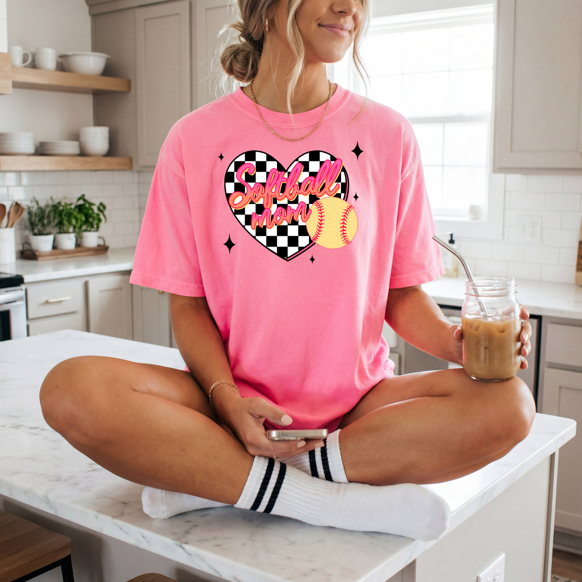Softball Mom Heart T-Shirt — Checkerboard Design with Softball